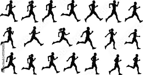 Silhouette collection of people running in motion, fitness and athletic exercise poses for marathon, training, and healthy lifestyle concept