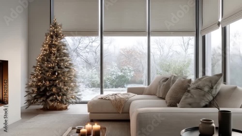 Decorated christmas tree next to fireplace in modern living room setting