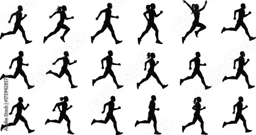 Silhouette collection of people running in motion, fitness and athletic exercise poses for marathon, training, and healthy lifestyle concept