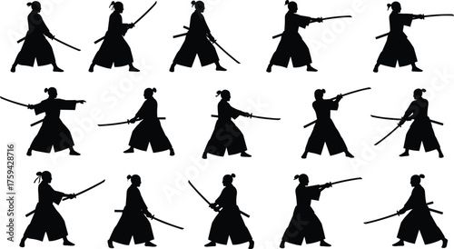 Silhouette collection of samurai warriors practicing martial arts with katana swords, traditional Japanese sword fighting poses and combat stance illustration