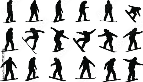 Silhouette collection of snowboarders performing tricks and riding poses, winter sport illustration showing balance, motion, and extreme snowboarding activity concept