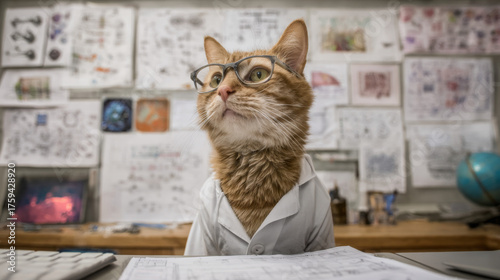 Cats with glasses and lab coats sit at desks, surrounded by scientific papers, and walls are covered with scientific drawings, creating an academic atmosphere.