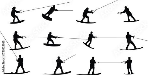 Silhouette collection of wakeboarders performing tricks and stunts, water sports activity showing balance, skill, and extreme summer recreation concept illustration