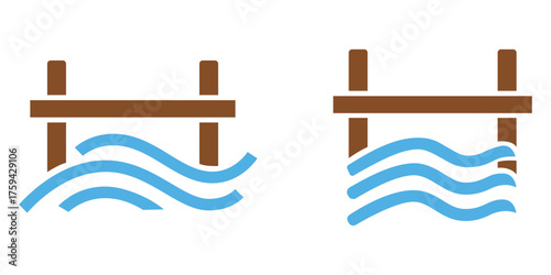 Wooden bridge structures logo set spanning wavy river water for construction, architecture, or waterfront property identity