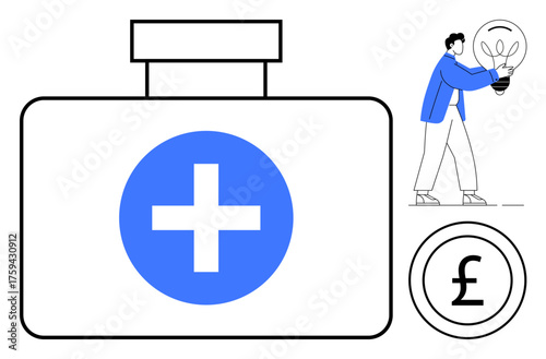First aid kit with medical cross, currency symbol for pounds, person holding lightbulb representing innovation. Ideal for healthcare, medical funding, financial planning, innovation, insurance