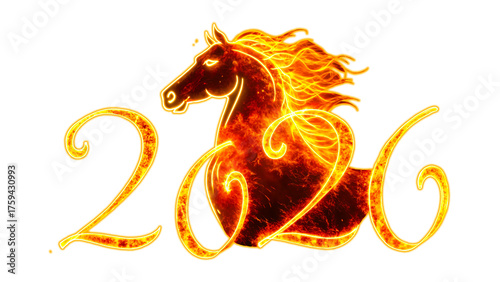 2026. Fiery horse symbol. Glowing in PNG transparent background. Bright fire burning outline of horse with sparks, flames. Chinese zodiac year of the Horse. Greeting cards, banners, calendars, art