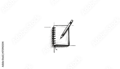 vector icon of a fashion sketchbook and pencil, minimalist linear style, centered on isolated white background