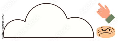 Cloud outline connected to a hand gesture and coin, symbolizing digital solutions, financial services, online transactions. Ideal for technology, finance, cloud storage, data economy, innovation