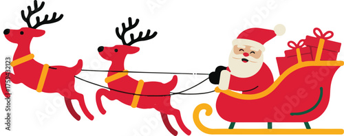 Santa Claus riding a red sleigh pulled by two red reindeer christmas vector illustration EPS file download.
