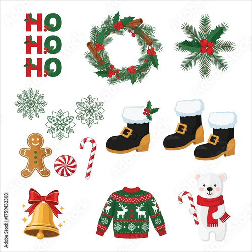 Festive christmas objects collection snowflakes wreath candy cane gingerbread man bells
