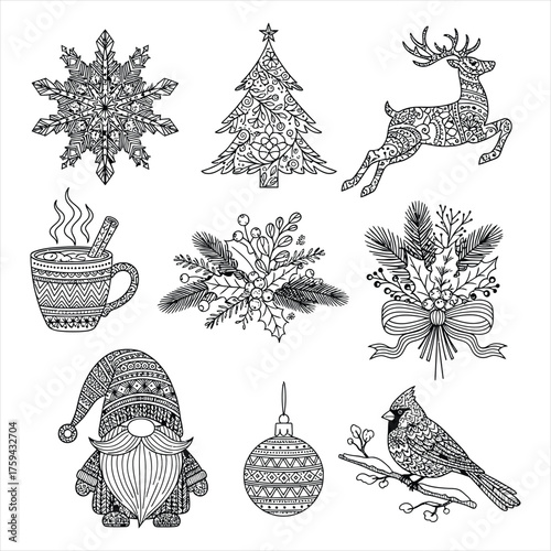 Christmas holiday icon set featuring snowflakes tree santa reindeer hot drink and cardinal