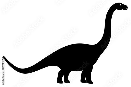 A simple black silhouette of a long neck dinosaur standing on a white background silhouette
