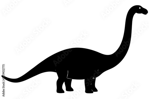 A black silhouette of a long neck dinosaur standing on a white background