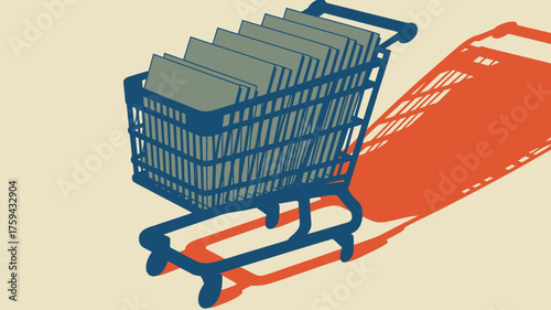 A blue shopping cart filled with gray books casting a long orange shadow on a cream colored background