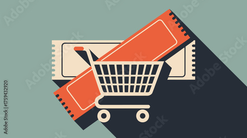 A shopping cart with two orange and beige tickets with a dark shadow on a light blue background