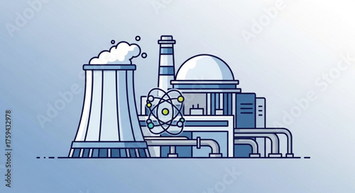 Nuclear power plant, a source of clean energy with reactor, cooling tower, and atom symbol