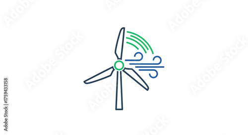 Wind turbine icon with wind, representing renewable energy and sustainable power generation system
