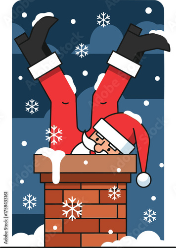 A funny cartoon illustration of Santa Claus stuck upside down in a brick chimney on a snowy winter night.