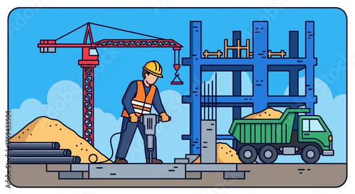 Construction worker using a jackhammer at a building site with crane and dump truck