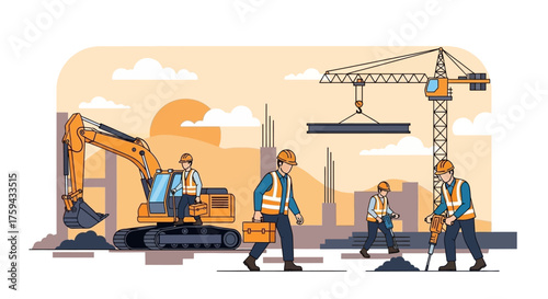 Construction workers busy on a building site with an excavator crane and jackhammer