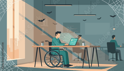 Man in wheelchair works on laptop in a Halloweenthemed office with bats and spiderwebs Inclusive workplace