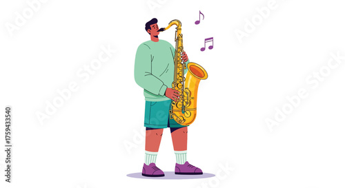 A man in casual attire playing a golden saxophone with musical notes floating around him.