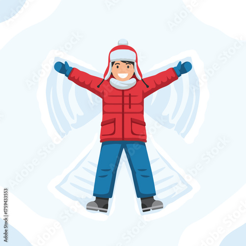 Illustration of a child making a snow angel in winter.