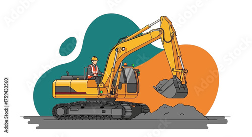 Construction worker operating yellow excavator digging earth Industrial development and labor