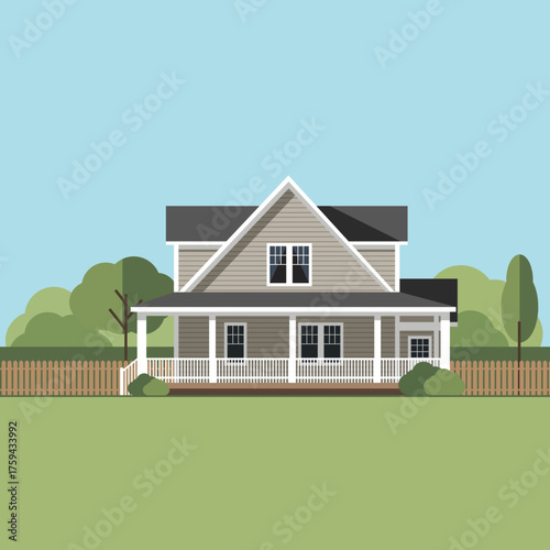 flat color of traditional two story farmhouse with a porch, green lawn, wooden fence and trees against a blue sky