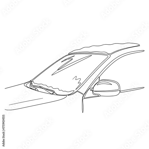 Car windshield with snow drawn in minimalist black and white line art