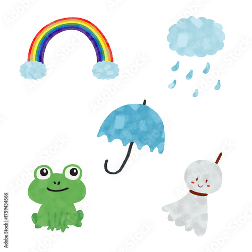 水彩風　梅雨のいろんな素材イラストセット