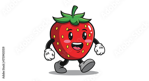 Adorable cartoon strawberry character with a happy expression walking.