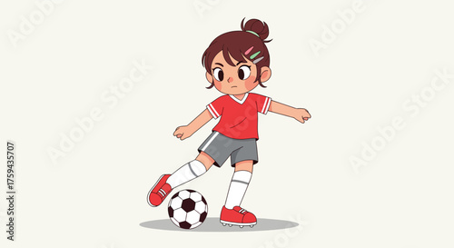 Cartoon girl in red jersey playing soccer with a ball.