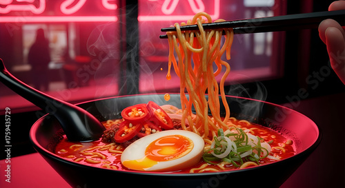 Fototapeta Naklejka Na Ścianę i Meble -  Delicious ramen noodles with egg and spice being lifted from a bowl by chopsticks