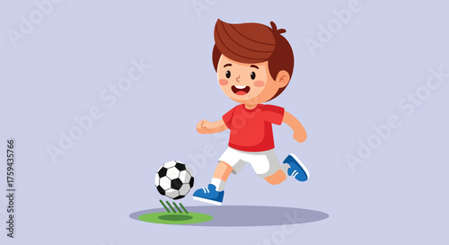 Cheerful cartoon boy in red shirt playing soccer