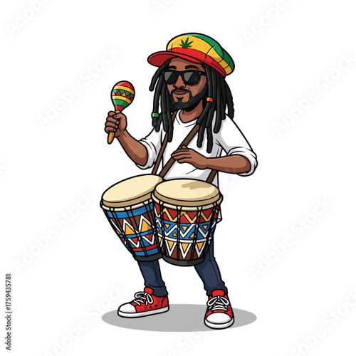 Cartoon Rastafarian Musician Playing Djembe Drums and Maracas.