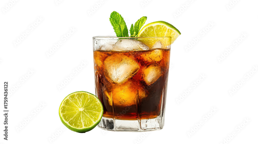 Fototapeta premium Refreshing Cuba Libre Cocktail with Lime and Mint Garnish on Transparent Background
