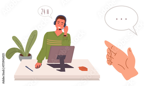 Customer service professional wearing headset multitasking with computer, engaging in dialogue. Ideal for support, communication, teamwork, business, online services, interaction, customer care