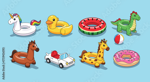 Collection of Inflatable Pool Floats Shaped Like Animals and Objects.