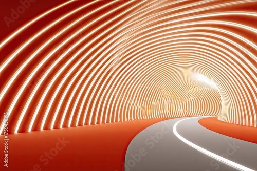Glowing red tunnel with white lines converging towards bright light