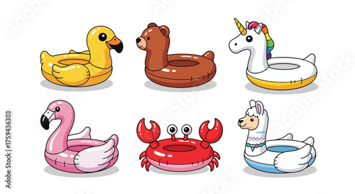 Collection of six inflatable pool floats in various animal shapes