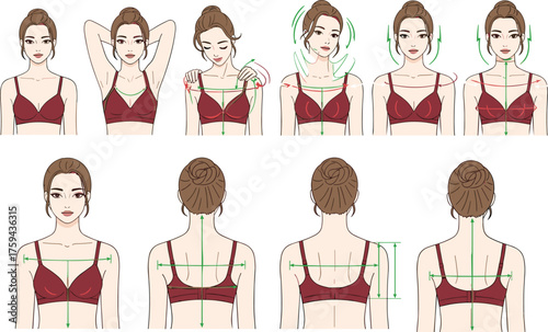 Body measurement guide for women, fashion fitting reference, tailoring diagram, bust shoulder neck back, illustrated poses, measurement tutorial
