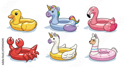 Collection of six inflatable pool floats in various animal shapes.