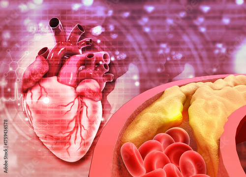 Human heart with Blocked blood vessel, cholesterol blocking artery. 3d illustration