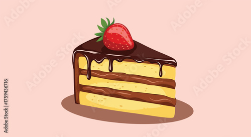 Decadent Chocolate Layer Cake Slice Topped with Fresh Strawberry.