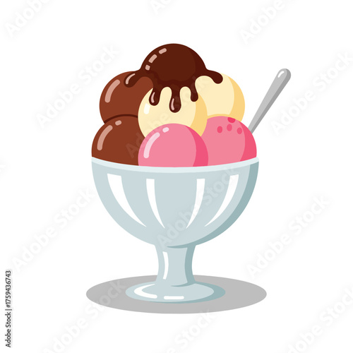 Delicious Ice Cream Sundae with Chocolate Sauce and Spoon.