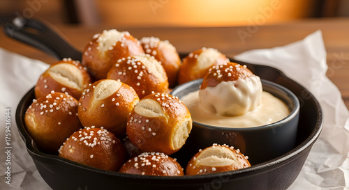 Delicious soft pretzel bites with cheese dip served in a black cast iron dish