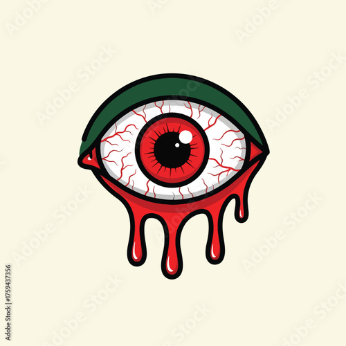Graphic illustration of a bloodshot crying eyeball with red tears.