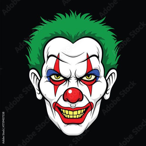 Menacing Clown Face with Green Spiky Hair and Yellow Teeth.