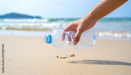 Close up of a hand collecting a plastic bottle on a sandy beach to prevent ocean pollution